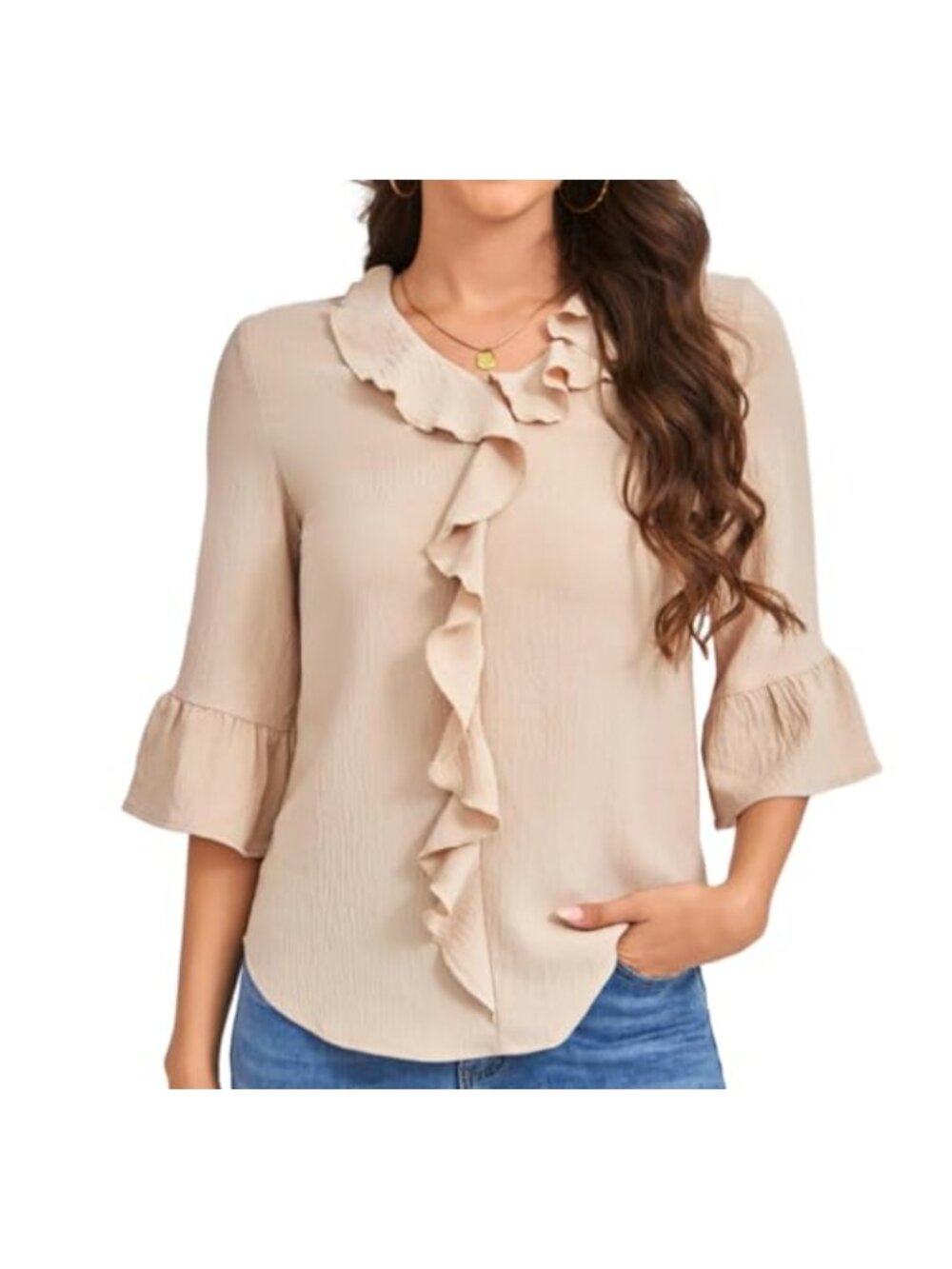 Ruffle V Neck 3/4 Bell Sleeve Blouse Curved Hem Work Top Polyester